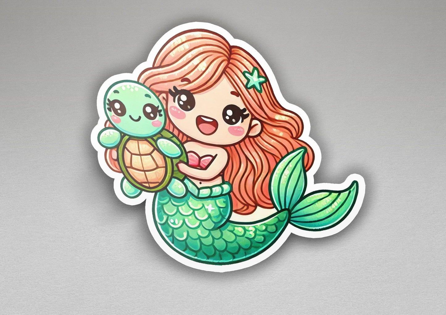 a sticker of a mermaid holding a turtle