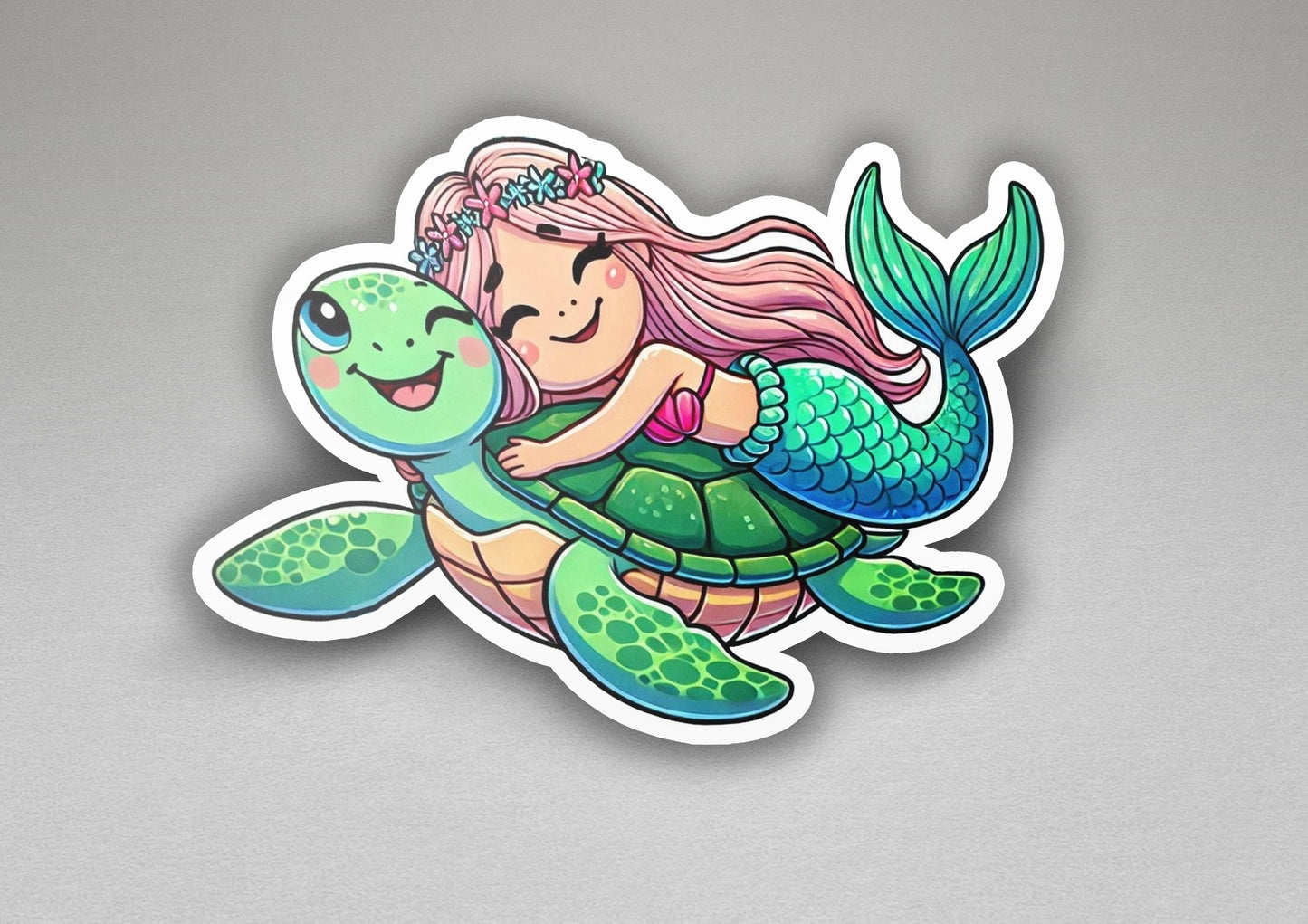 a sticker of a mermaid riding a turtle