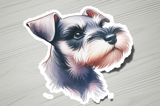 a sticker of a dog's face on a wooden surface