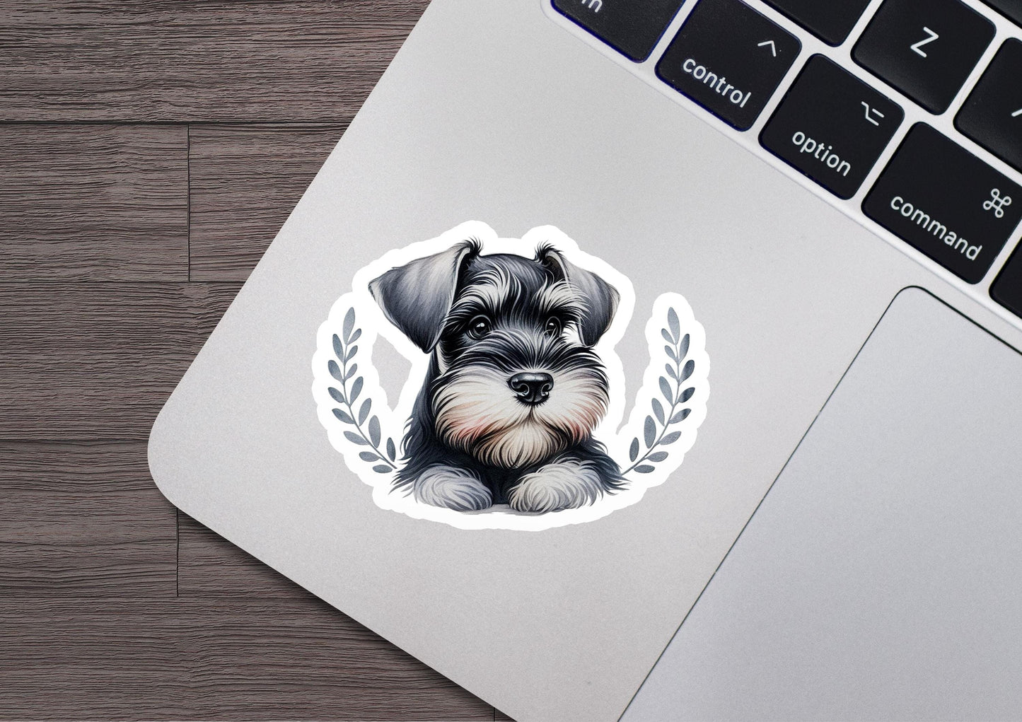 a sticker of a dog with a laurel around it