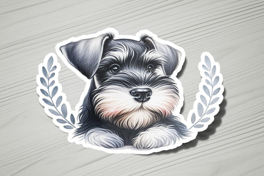 a sticker of a dog with a laurel around it