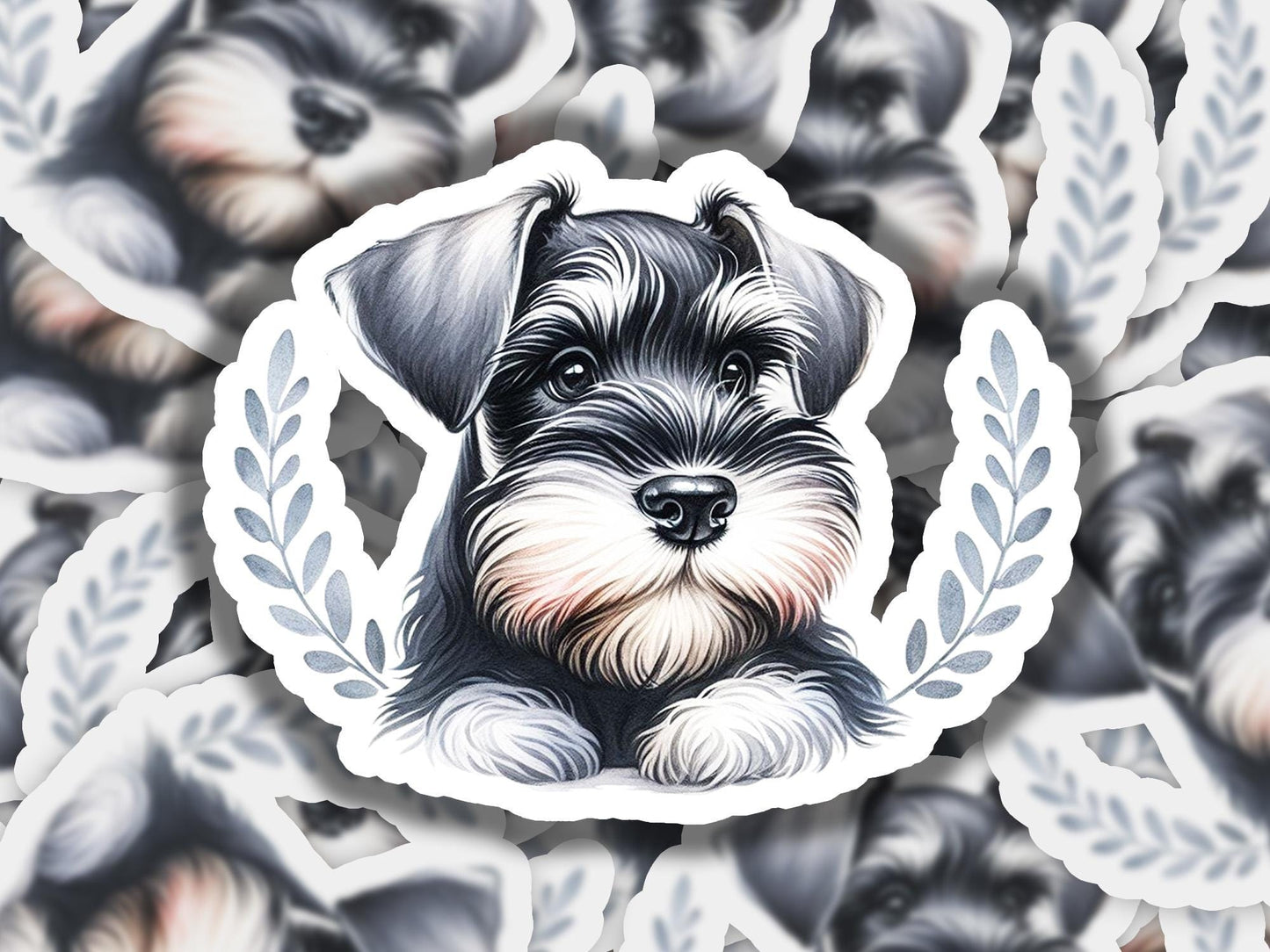 a sticker of a dog with a laurel around it