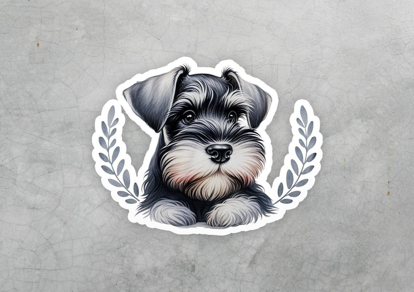 a sticker of a dog with a laurel around it