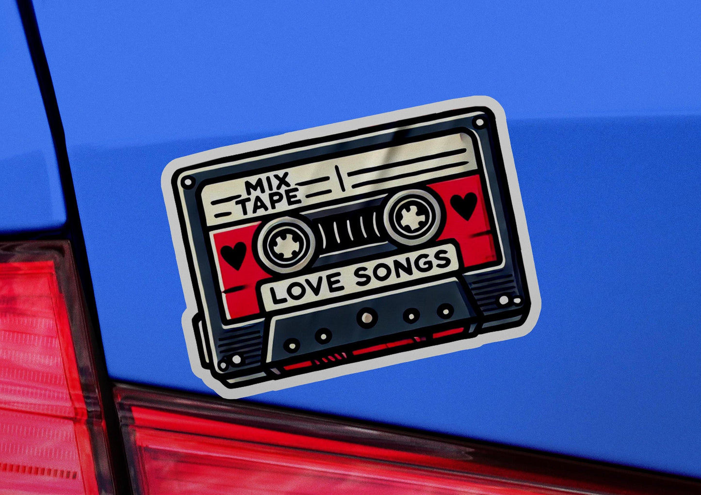 a sticker on the back of a car that says mix tape love songs
