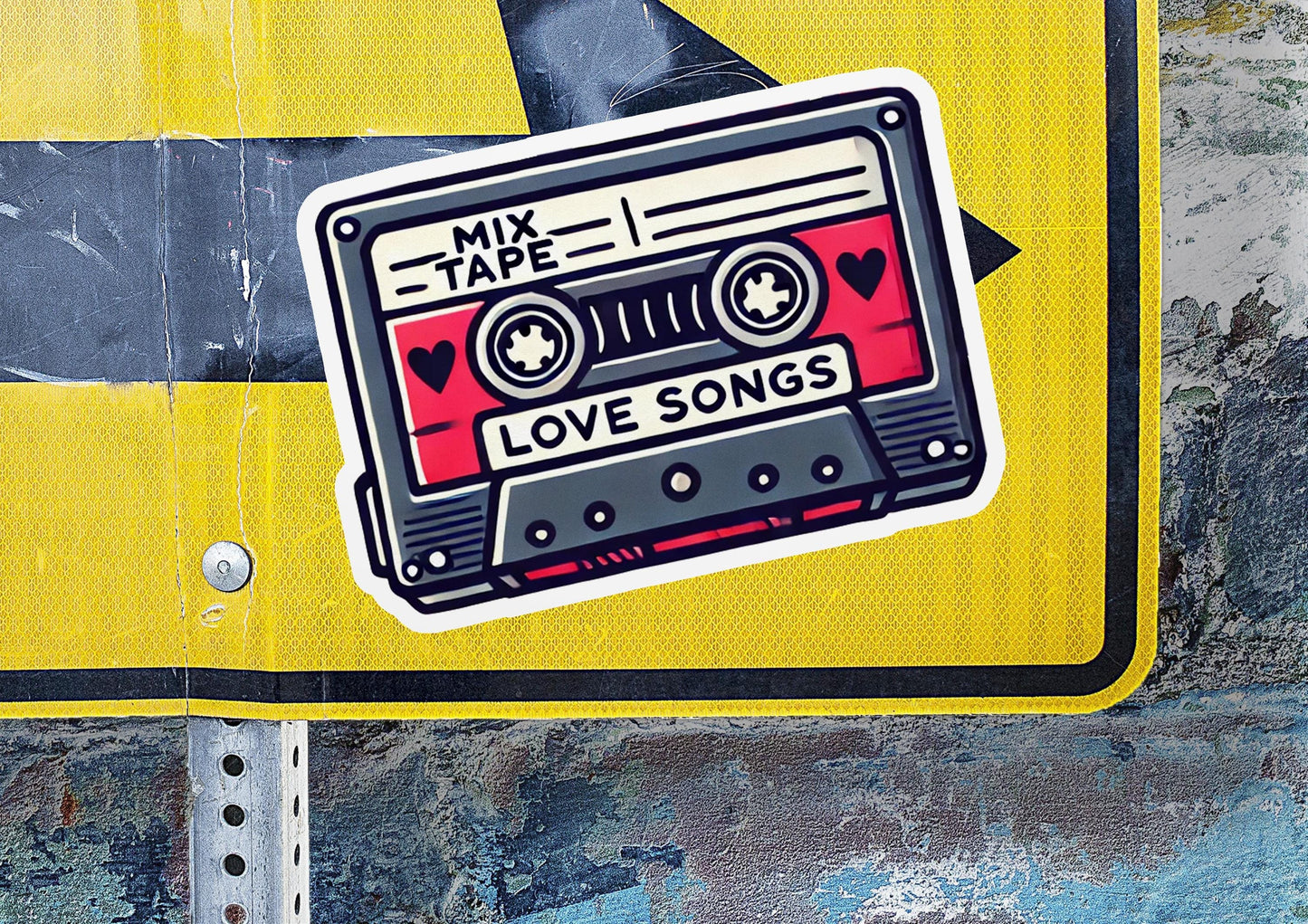 a street sign with a sticker of a tape recorder