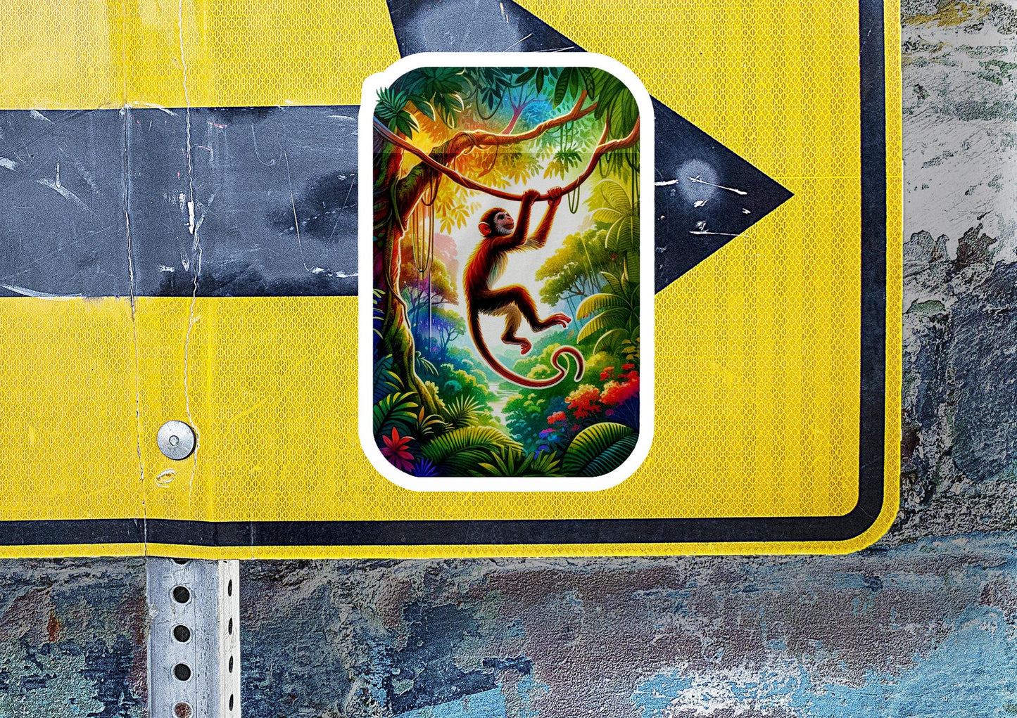 a sticker of a monkey on a yellow sign