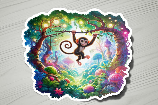 a sticker of a monkey hanging from a tree
