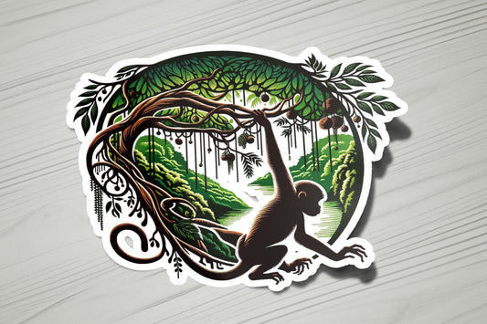 a sticker of a monkey hanging from a tree