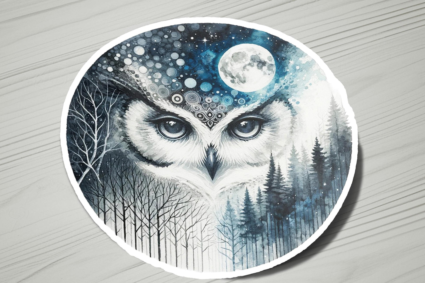 a picture of an owl with a full moon in the background
