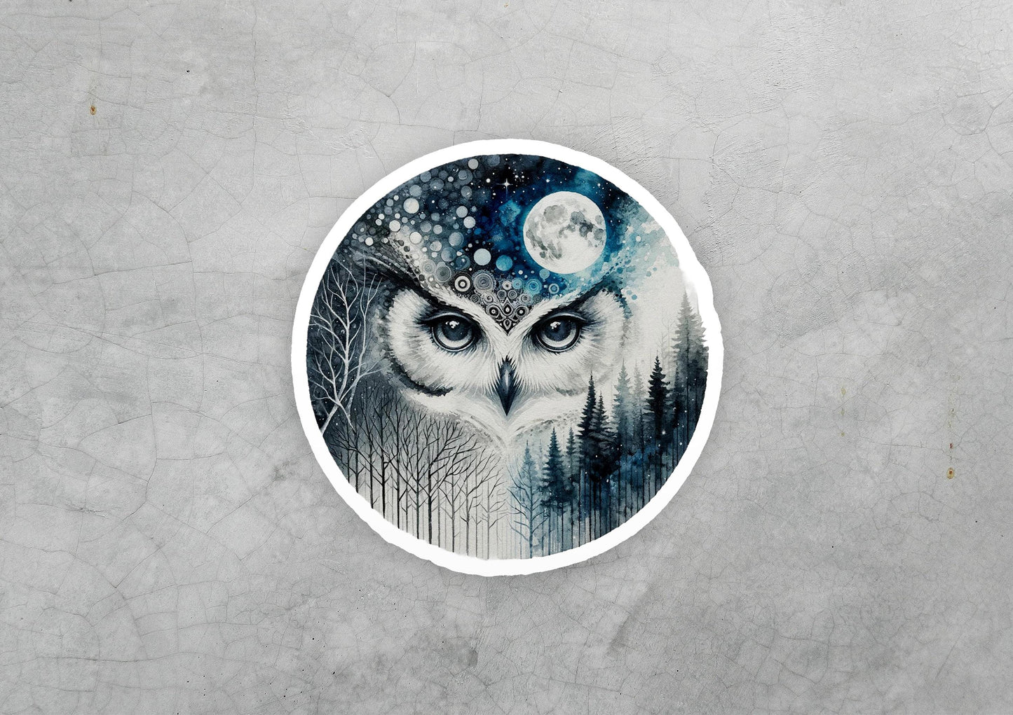 a picture of an owl with a full moon in the background