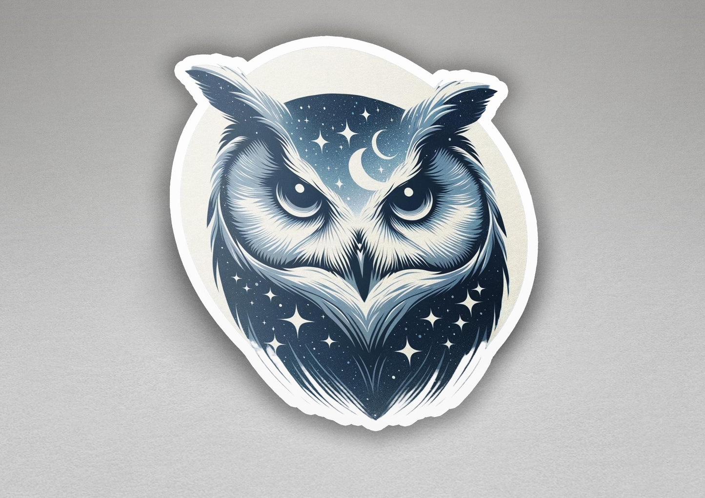 a sticker of an owl with stars and the moon