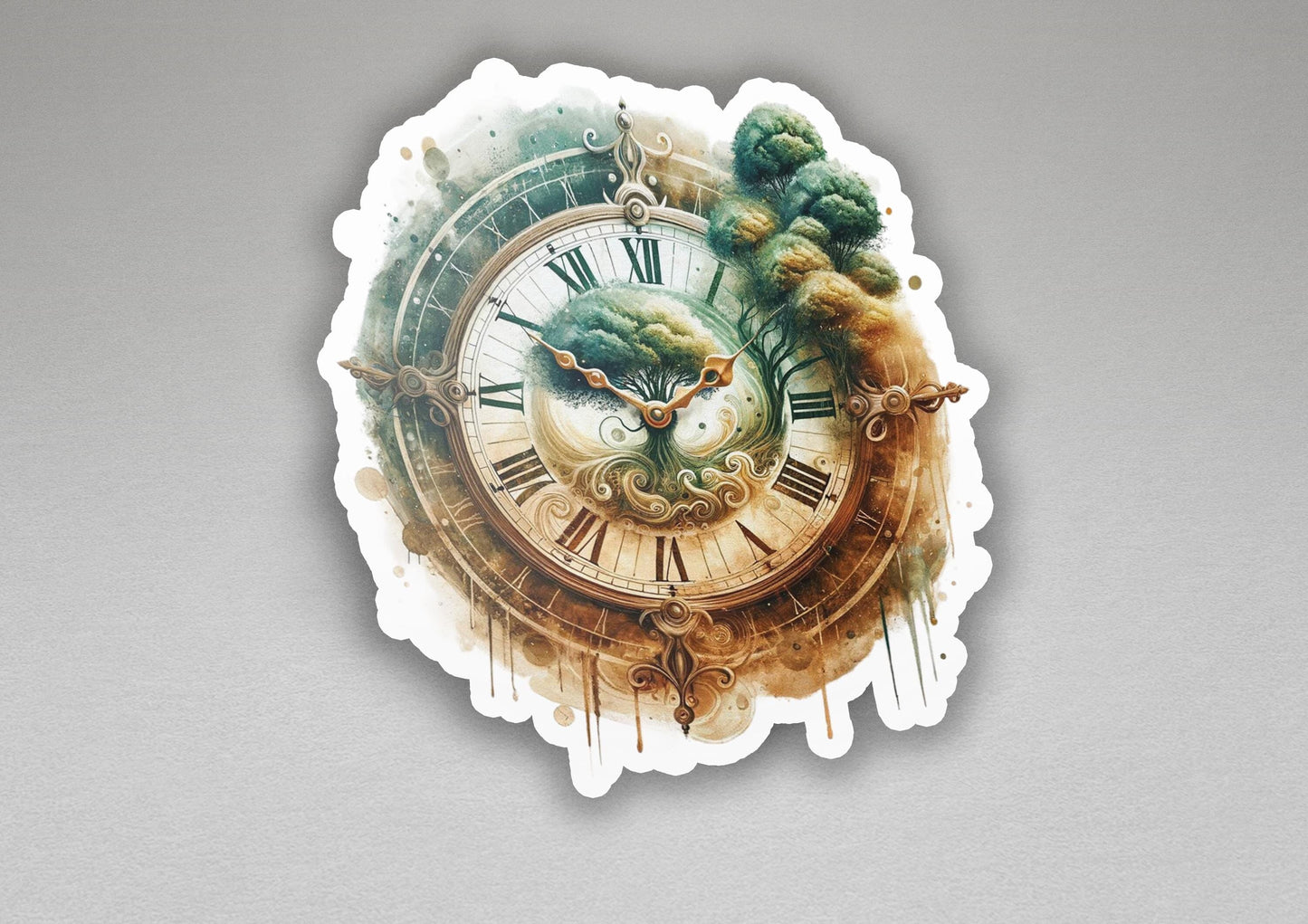 a clock with a painting of a tree on it