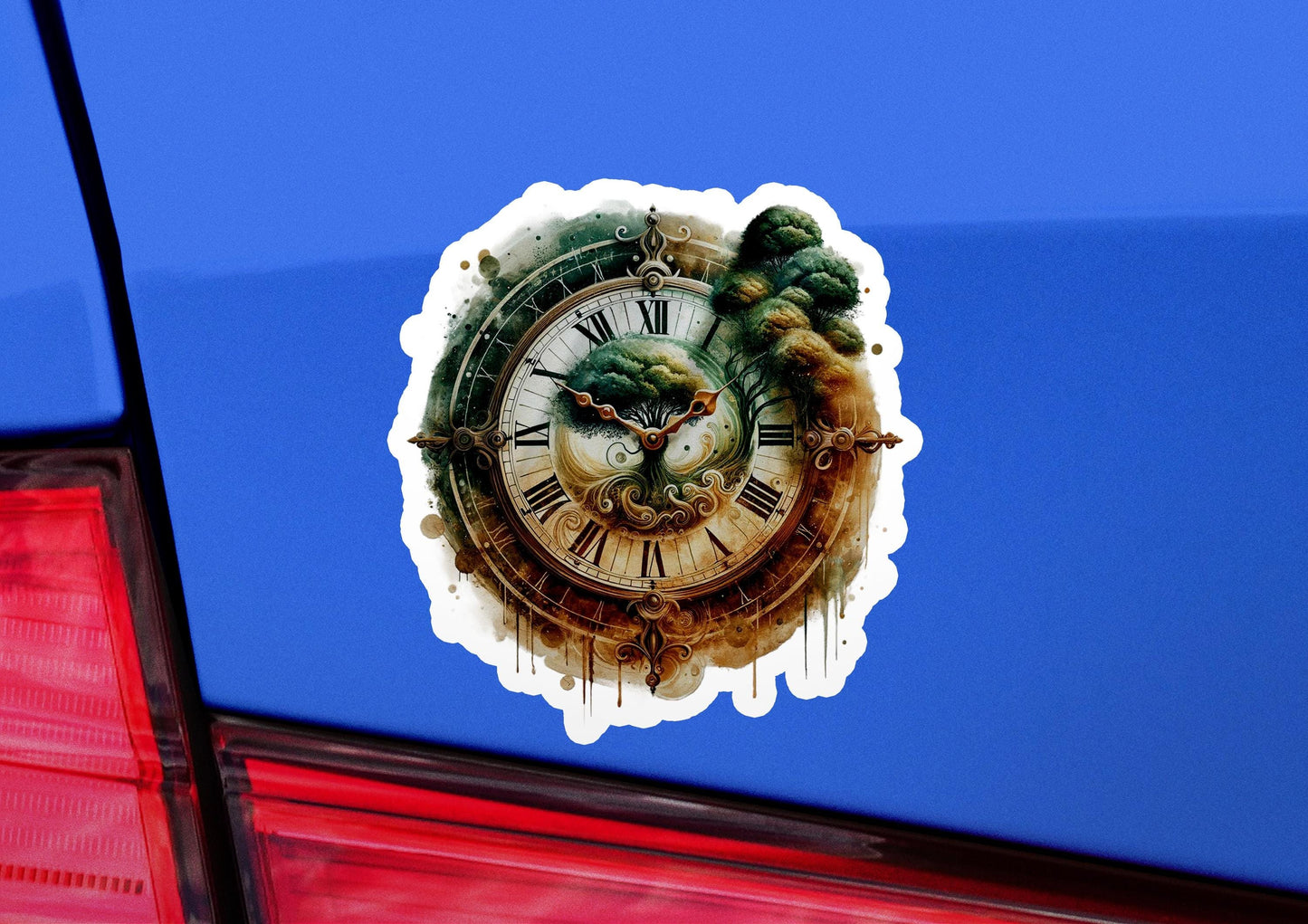 a sticker of a clock on the back of a car