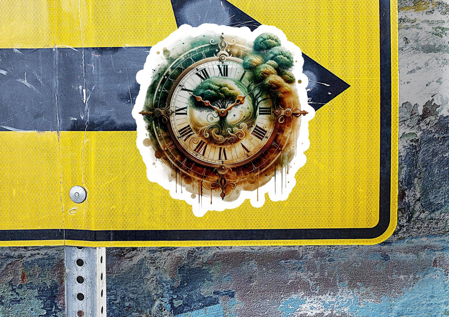a sticker of a clock on a street sign