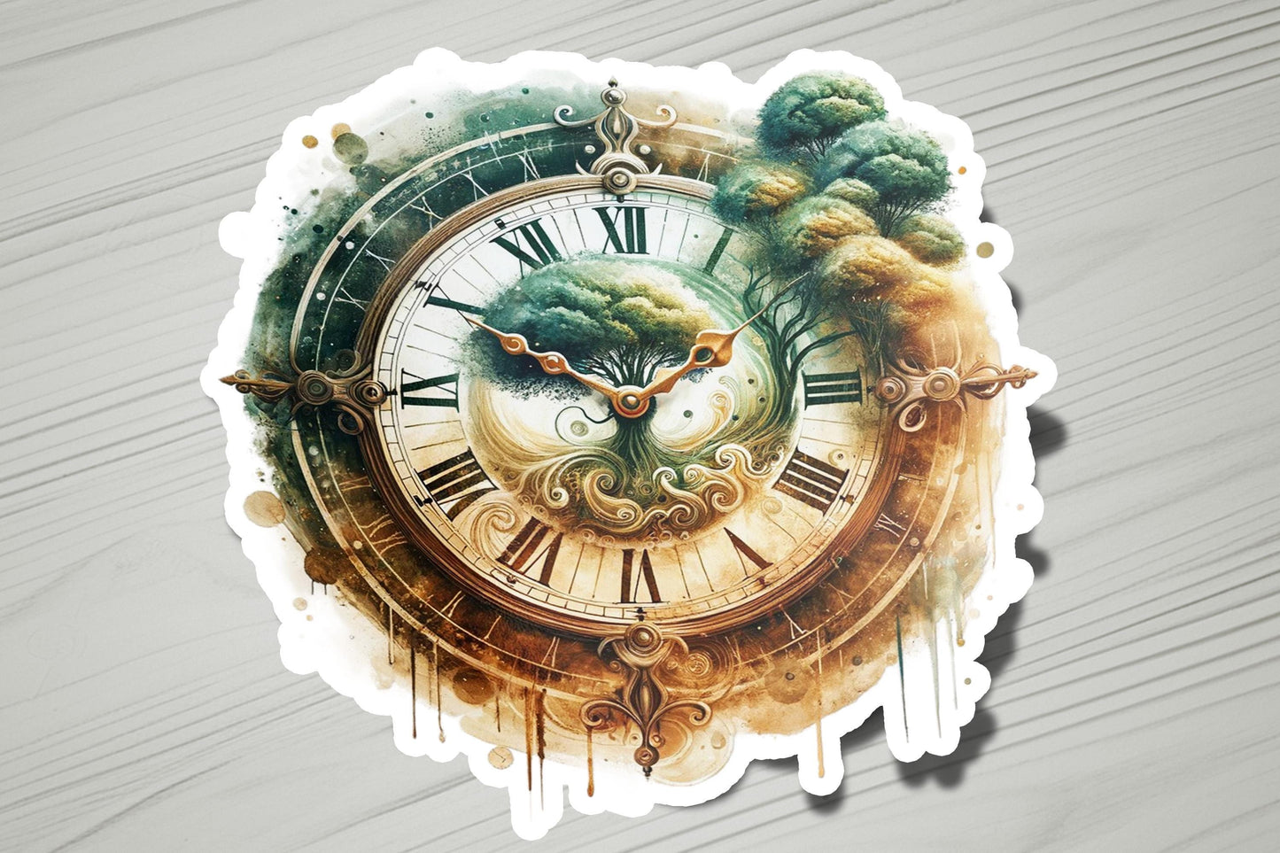a picture of a clock with trees on it