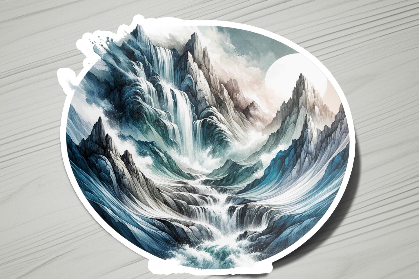 a plate with a painting of mountains on it