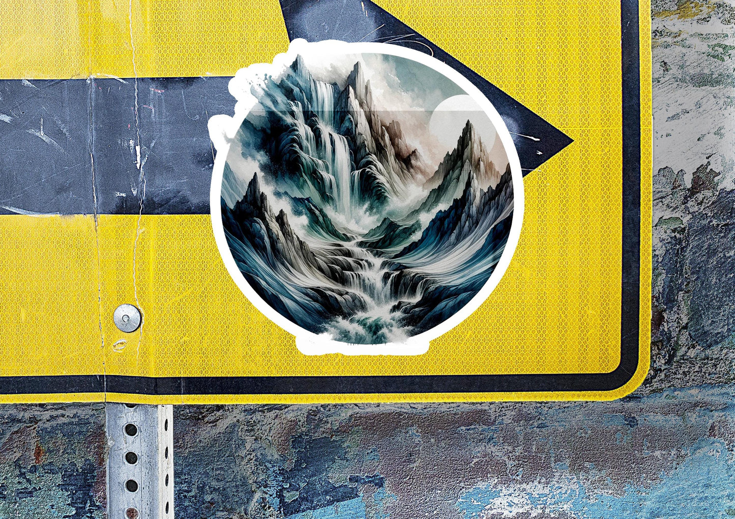 a close up of a street sign with a painting on it
