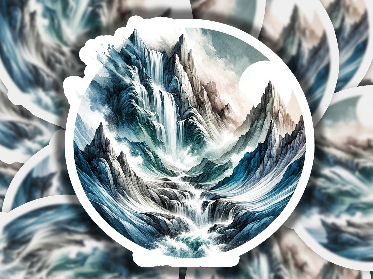 a picture of a mountain with a waterfall in the center