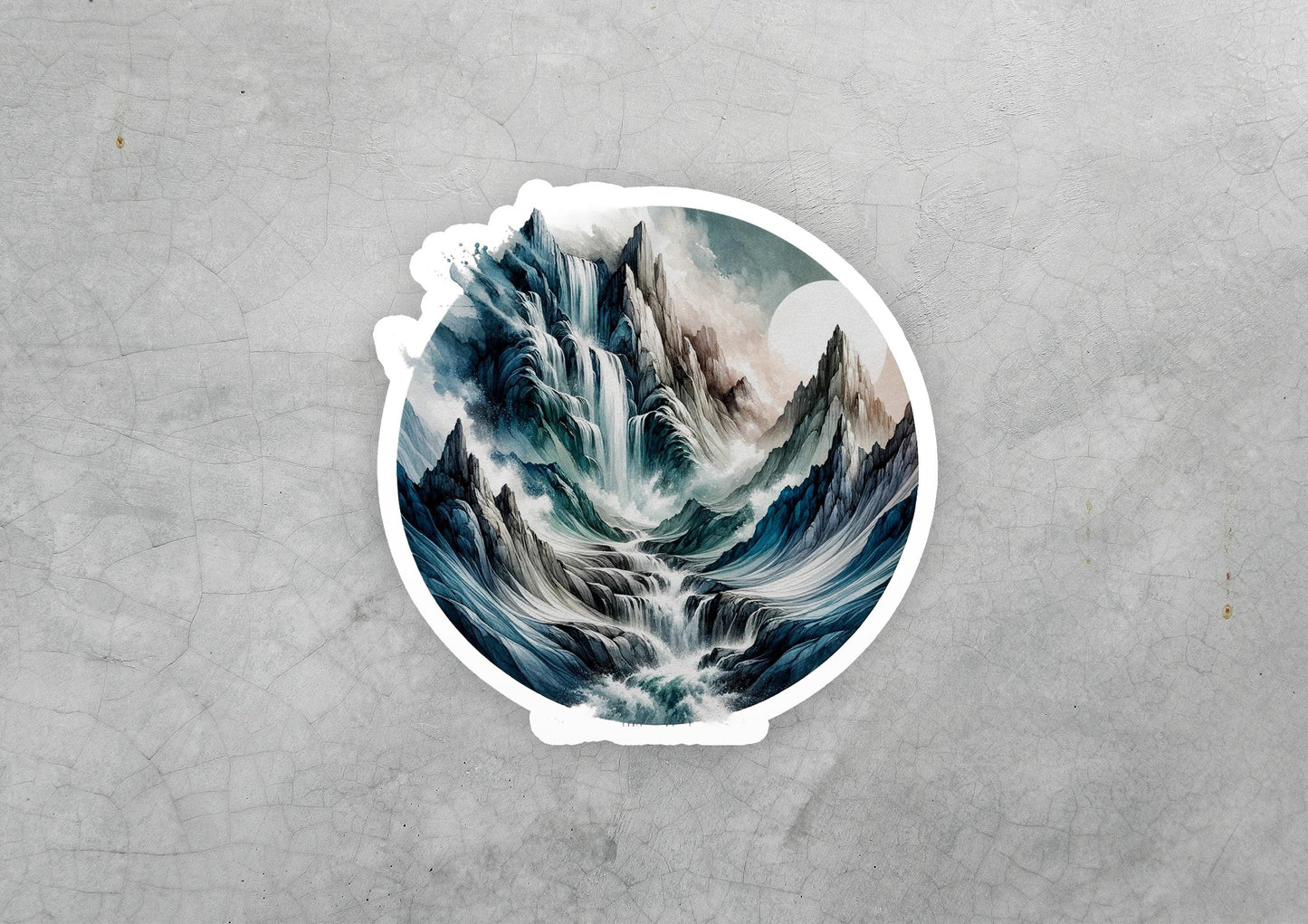 a sticker with a painting of a mountain range