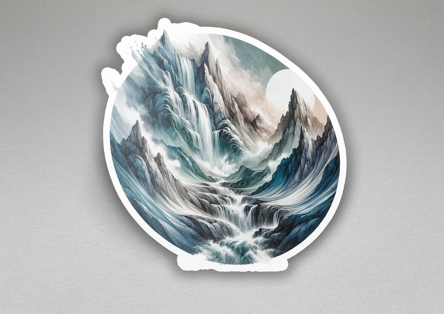 a plate with a painting of a mountain range on it