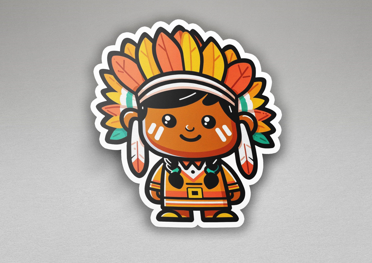 a sticker of a native american boy wearing a headdress