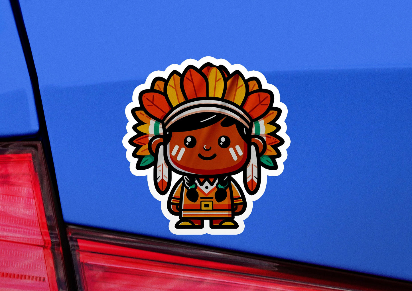 a car with a sticker of a person wearing a headdress