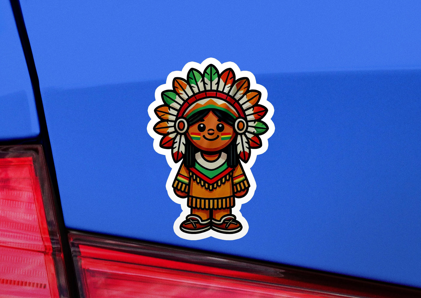 a car with a sticker of a native american chief