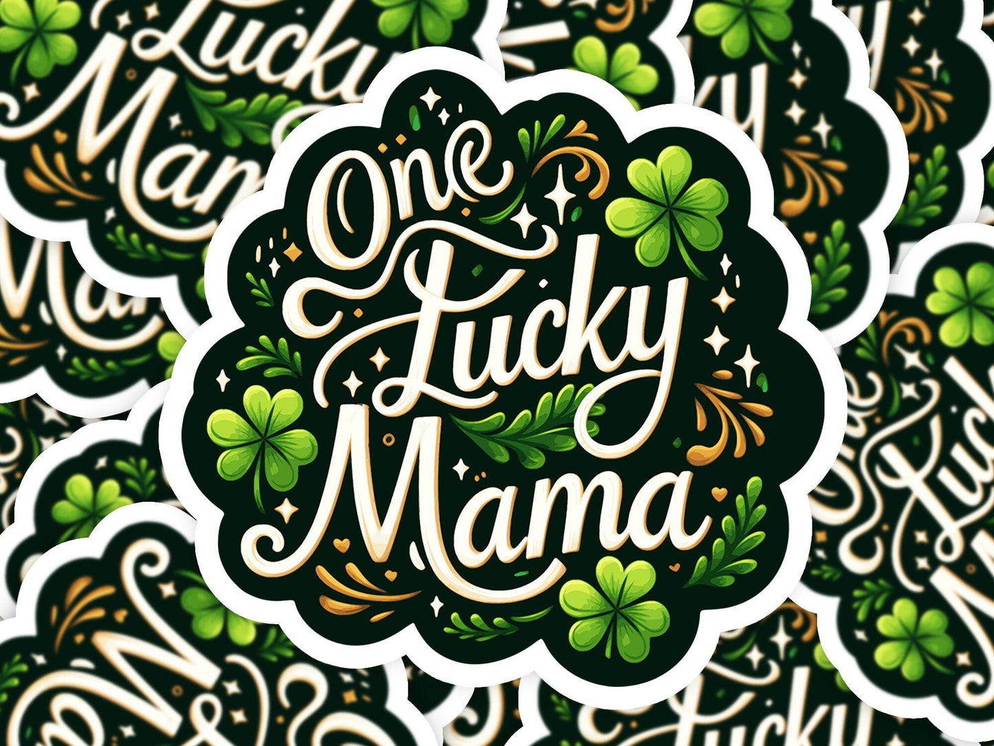 One Lucky Mama St. Patricks Day Vinyl Sticker | Dishwasher Safe & Durable | Custom Sizes | Fast Shipping | Made in USA Fiesta Doodle waterproof vinyl sticker. dishwasher safe outdoor sticker.