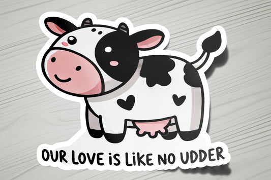 a sticker of a cow that says our love is like no udder
