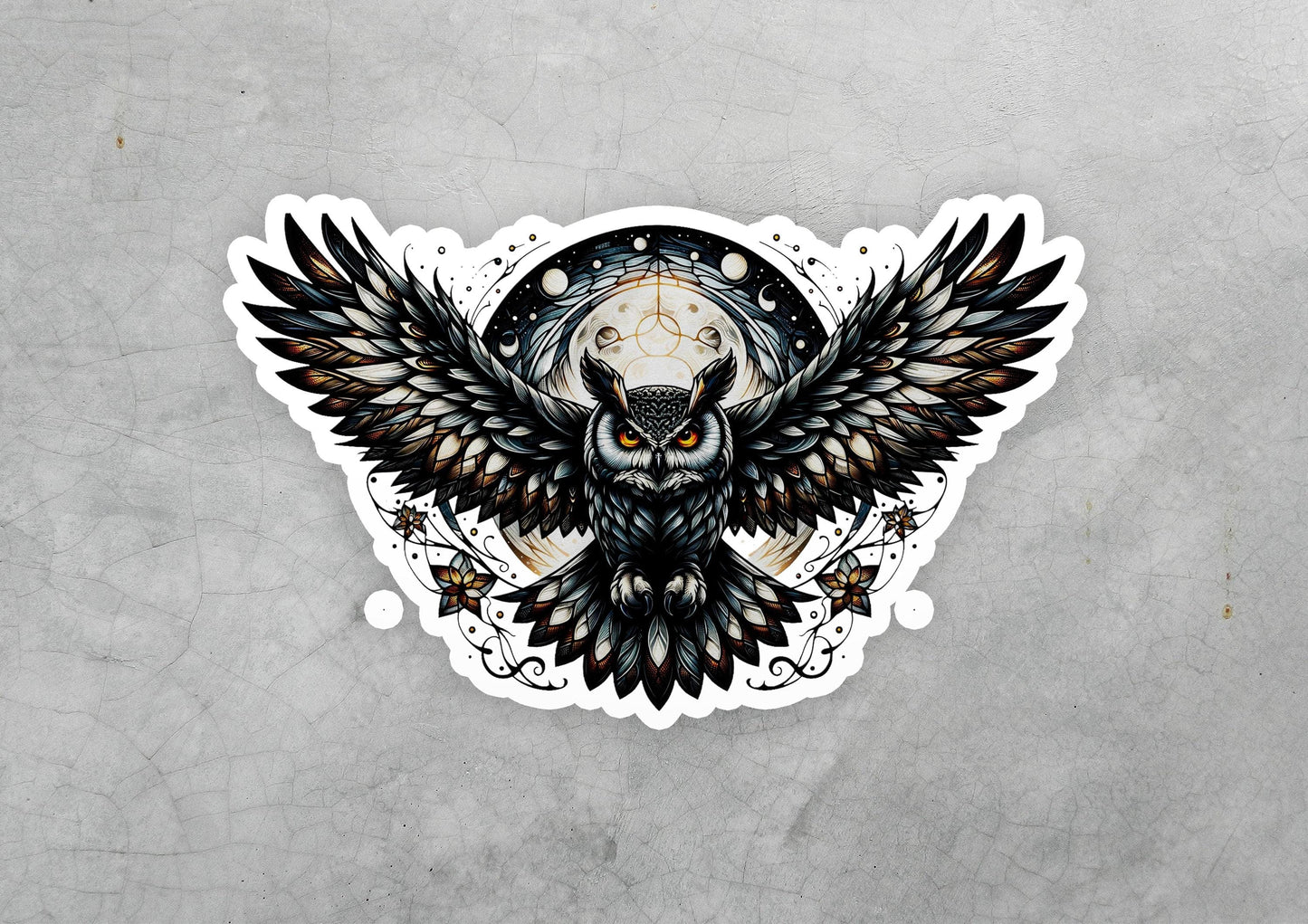 a sticker of an owl with wings and a clock