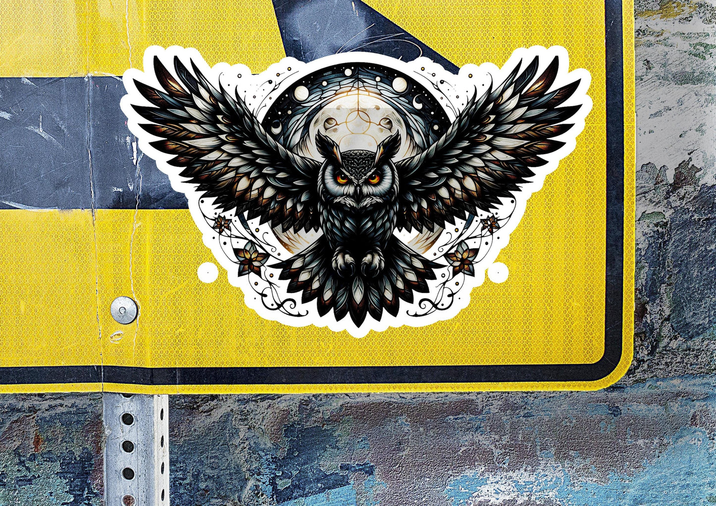 a sticker of an owl with wings on a street sign
