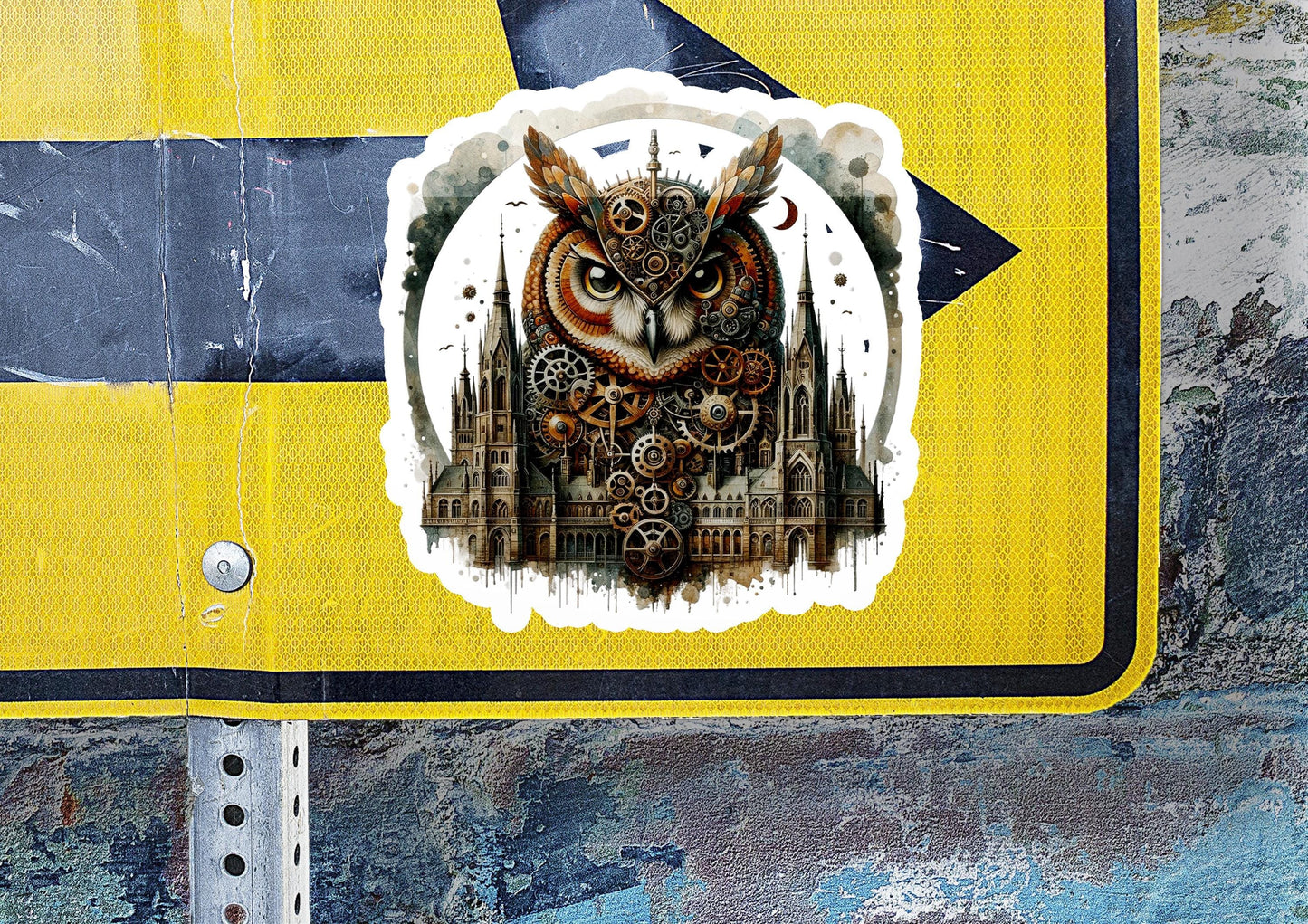 a sticker of an owl with a clock on it