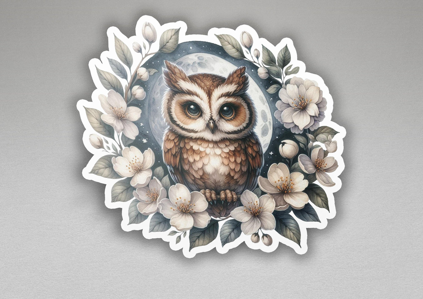 a sticker of an owl surrounded by flowers