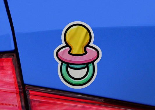 a sticker of a pacifier on the back of a car