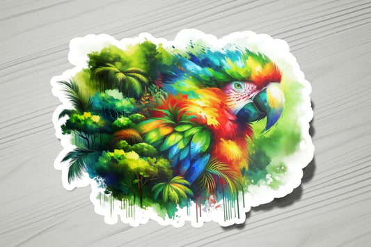 a sticker of a colorful parrot on a wooden surface