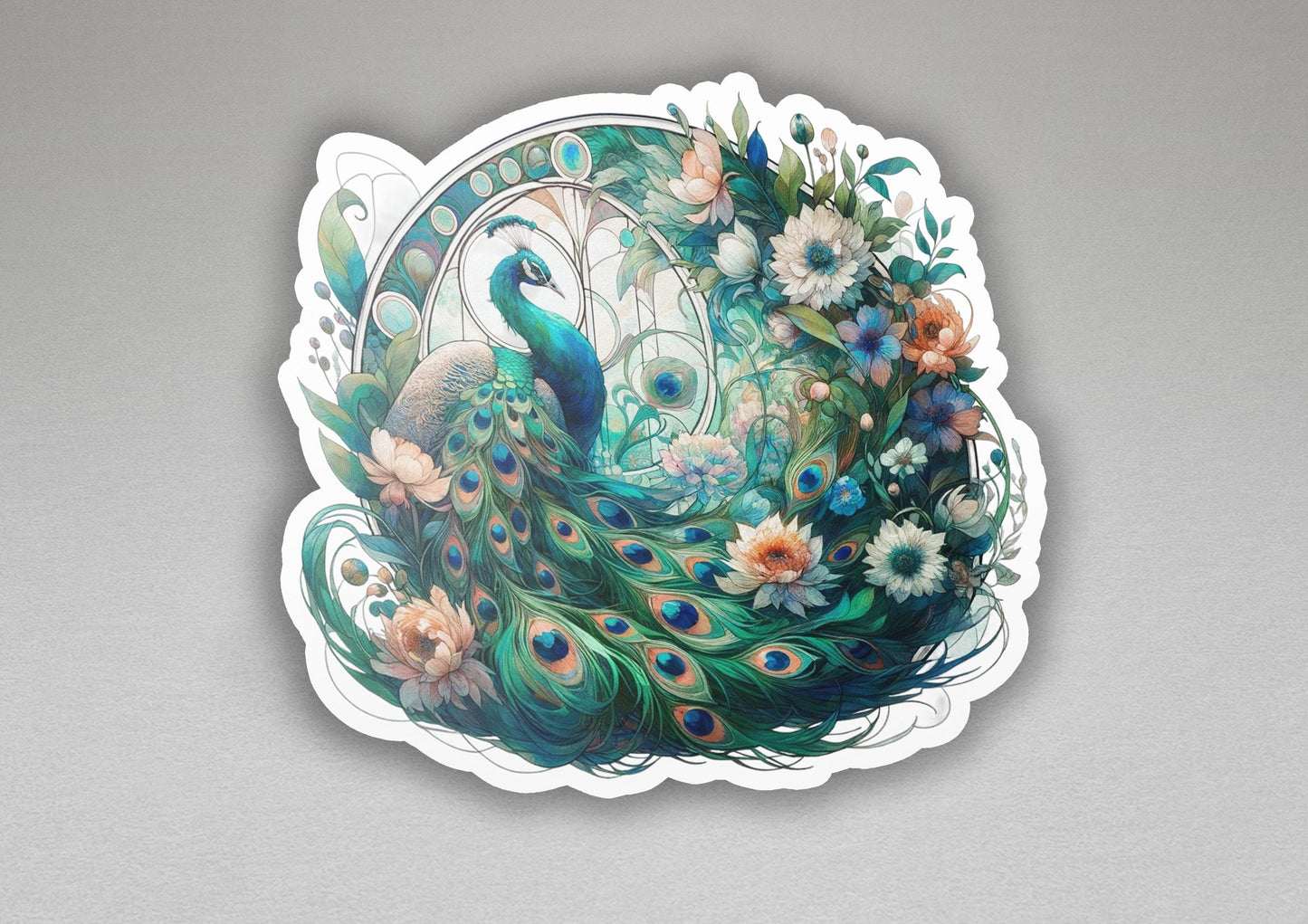 a sticker with a peacock and flowers on it