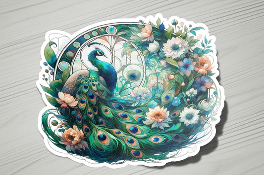 a sticker of a peacock with flowers and feathers
