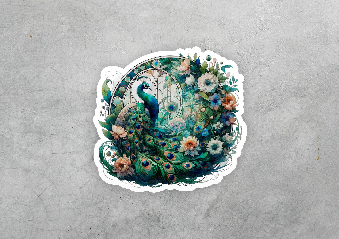 a sticker with a picture of a peacock and flowers