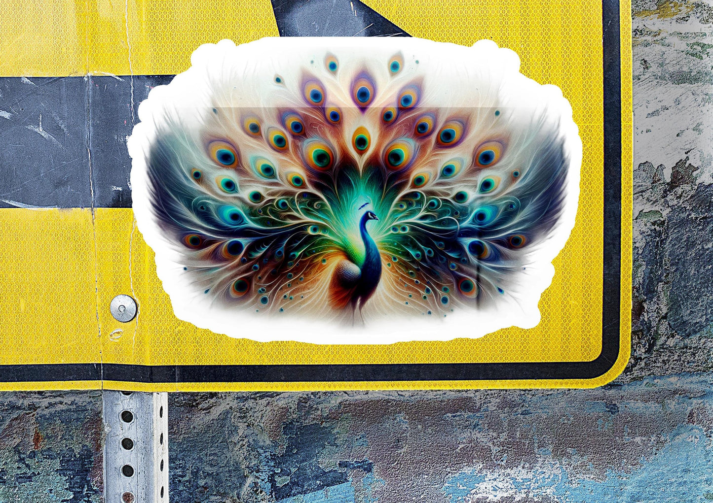 a close up of a street sign with a picture of a peacock