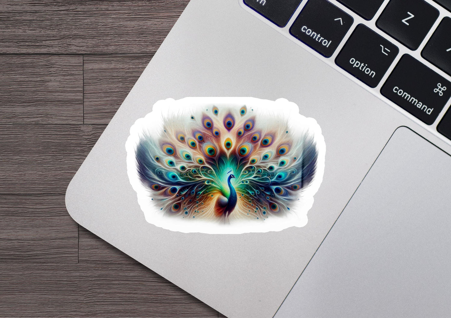 a laptop with a sticker of a peacock on it