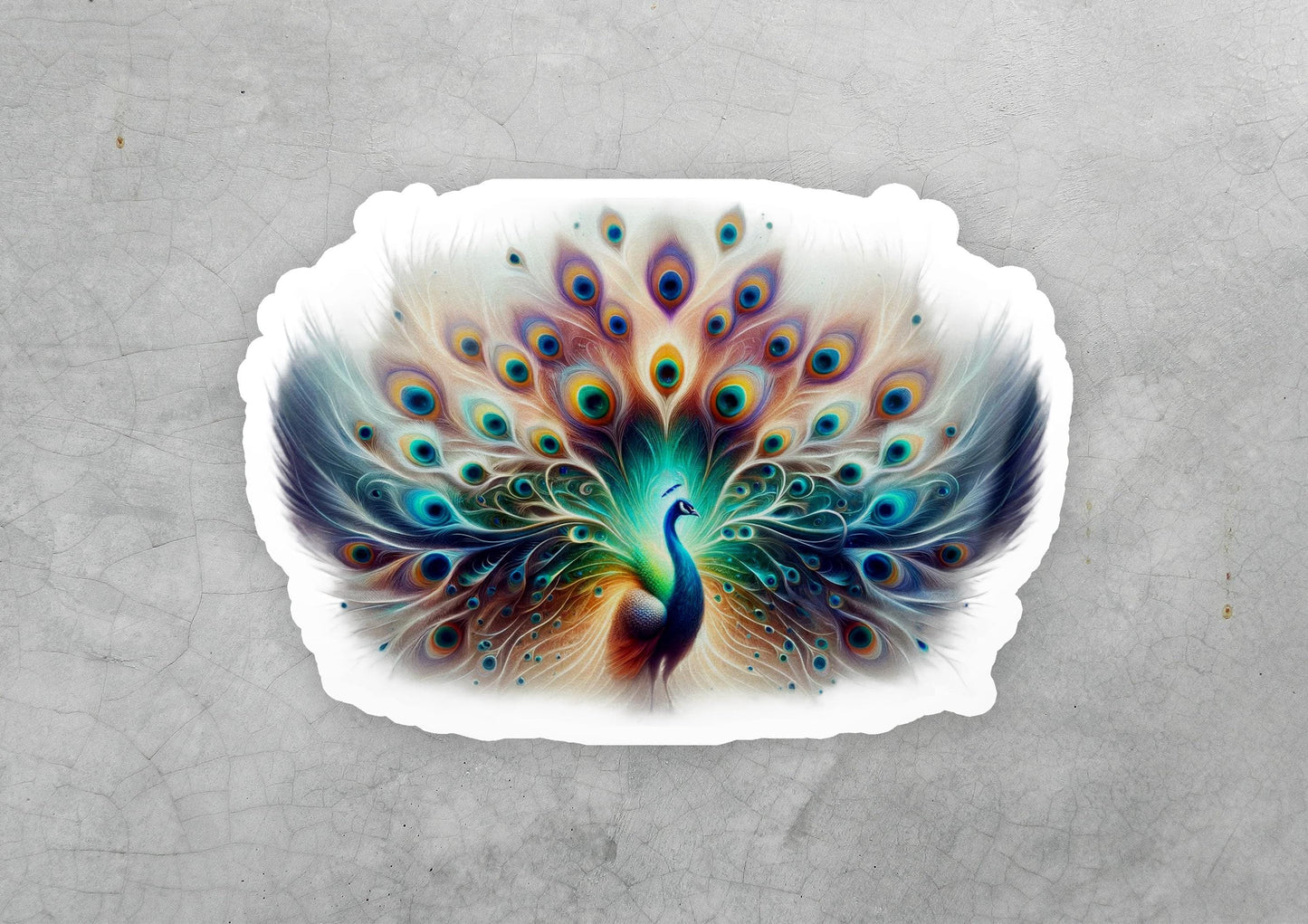 a sticker of a peacock with feathers on it