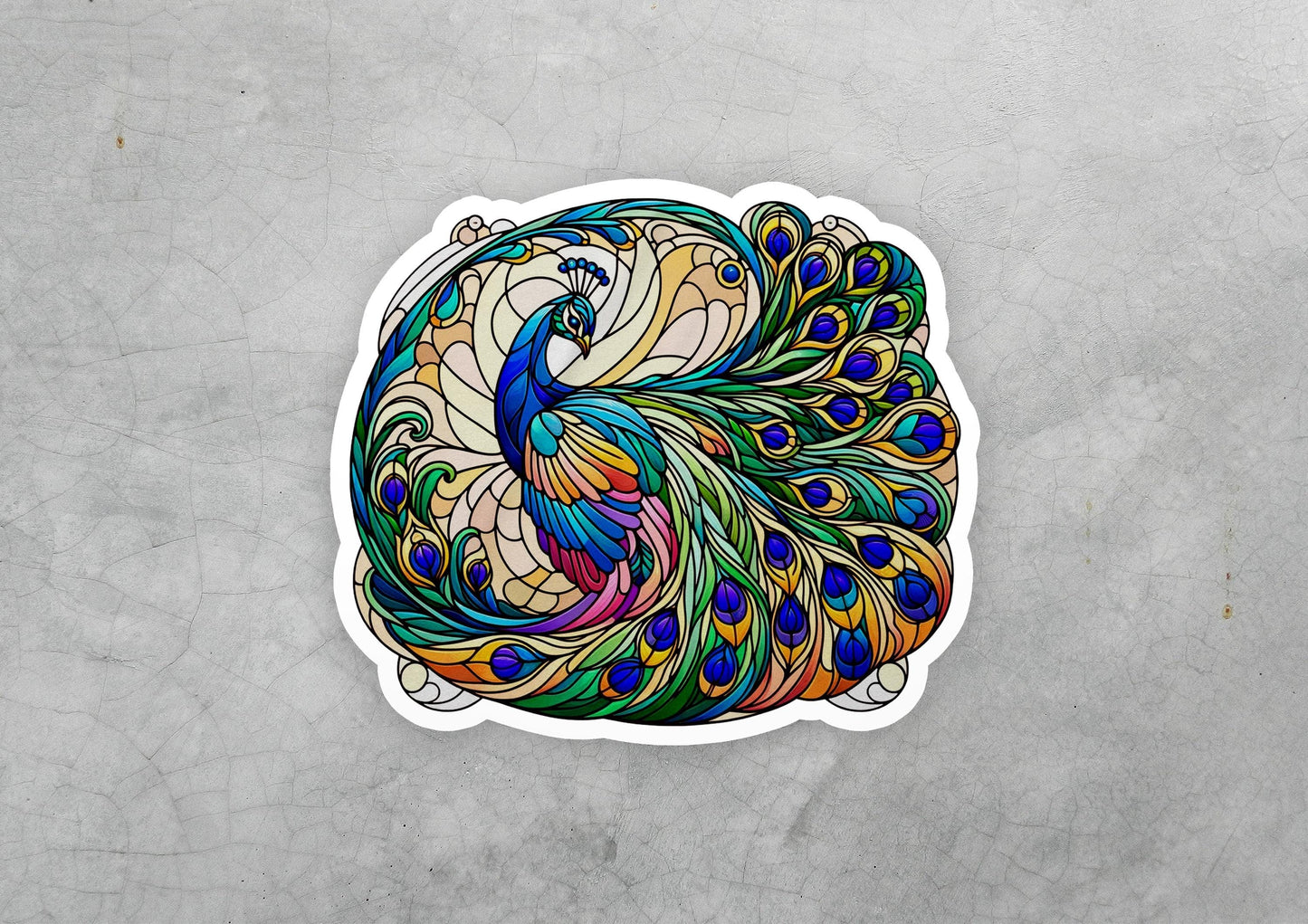 a sticker of a colorful peacock with feathers
