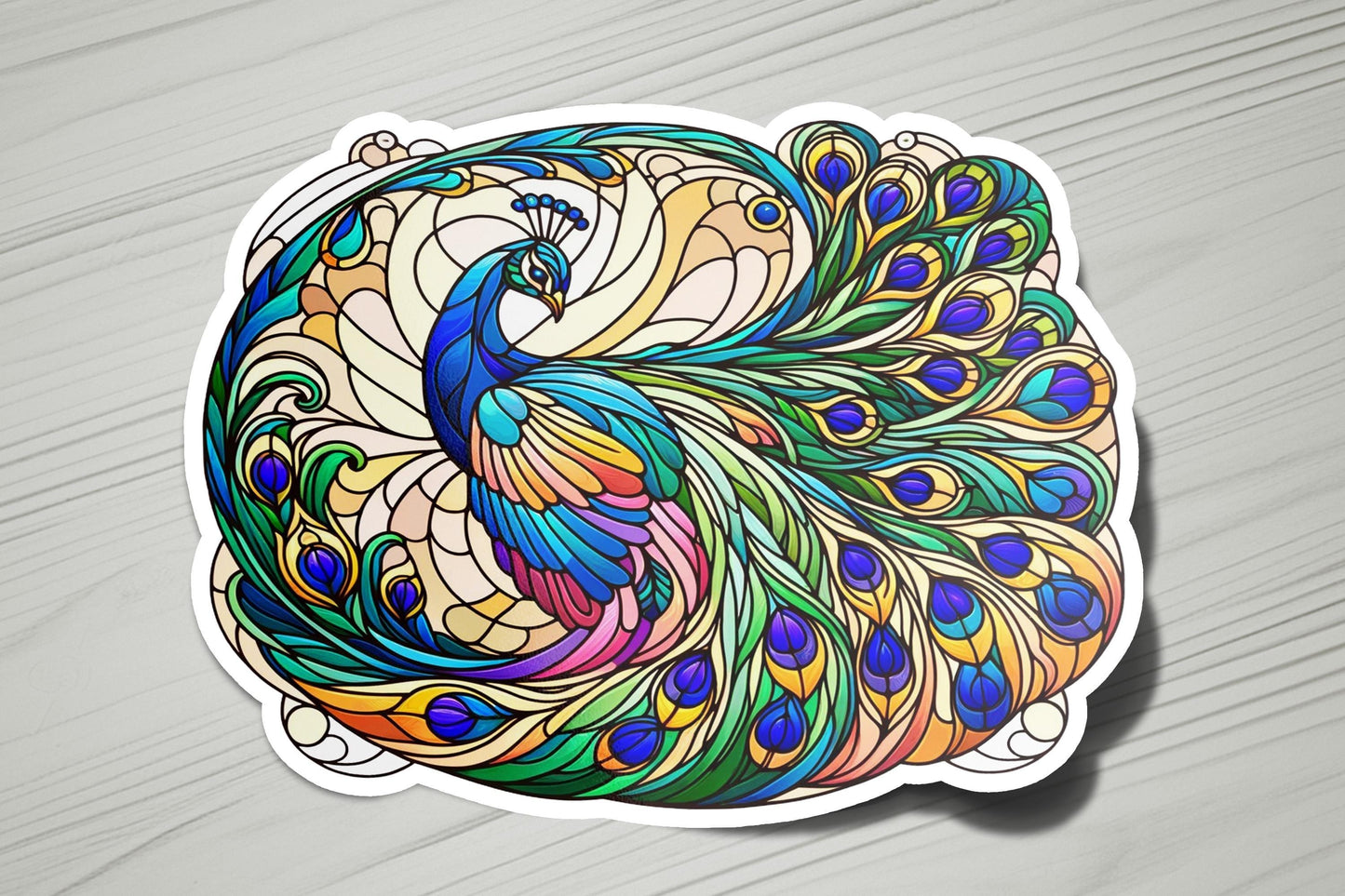 a sticker of a colorful peacock on a table