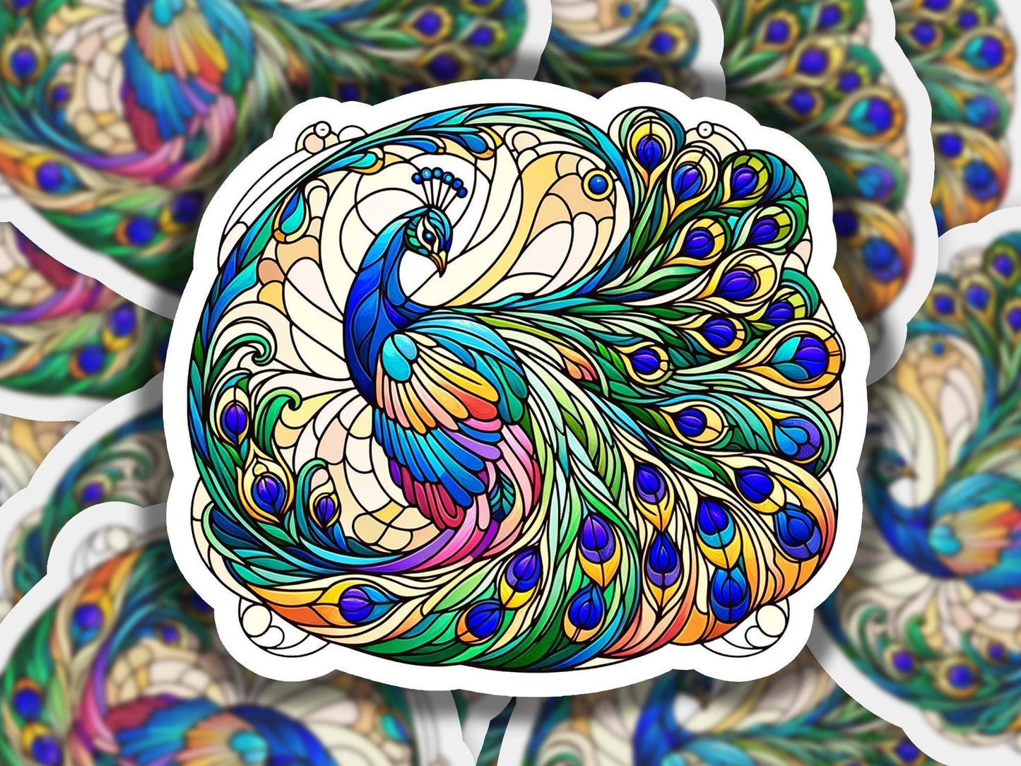a sticker of a colorful peacock on a white background