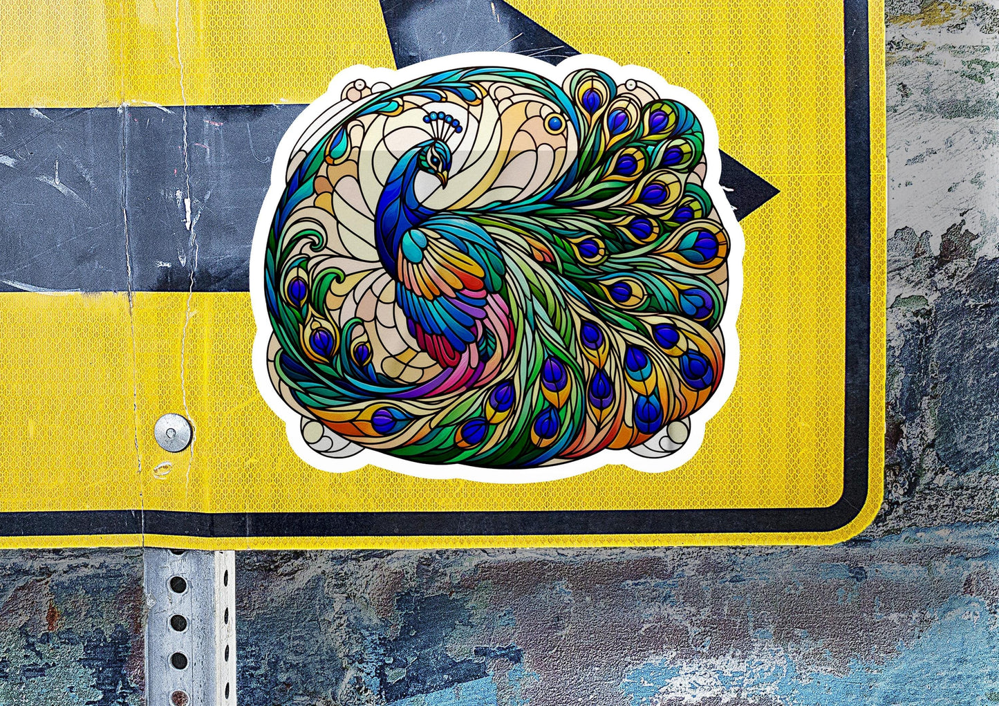 a close up of a street sign with a peacock on it