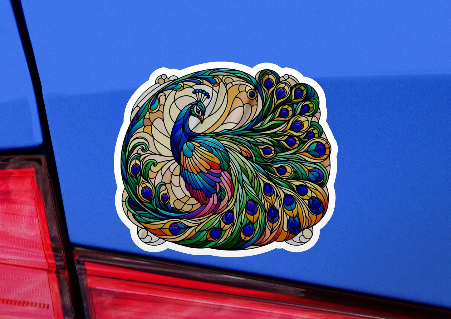 a sticker of a peacock on the back of a car