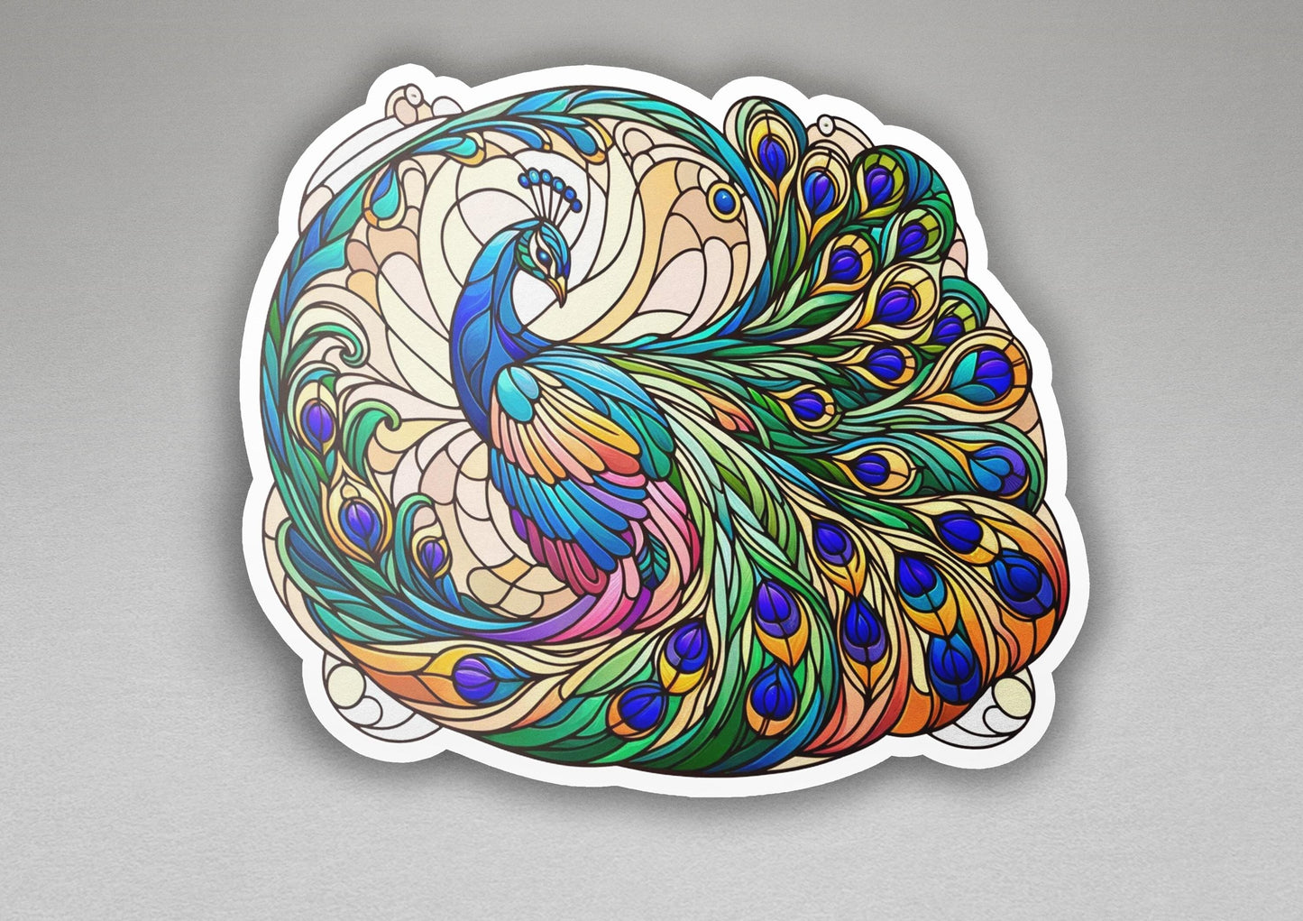 a sticker of a colorful peacock with feathers