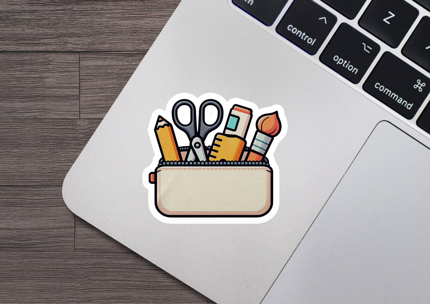 a laptop with a sticker of scissors and pencils