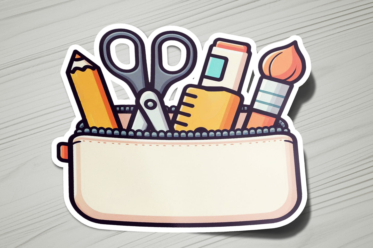 a sticker of a pencil, scissors, and pencils in a pocket