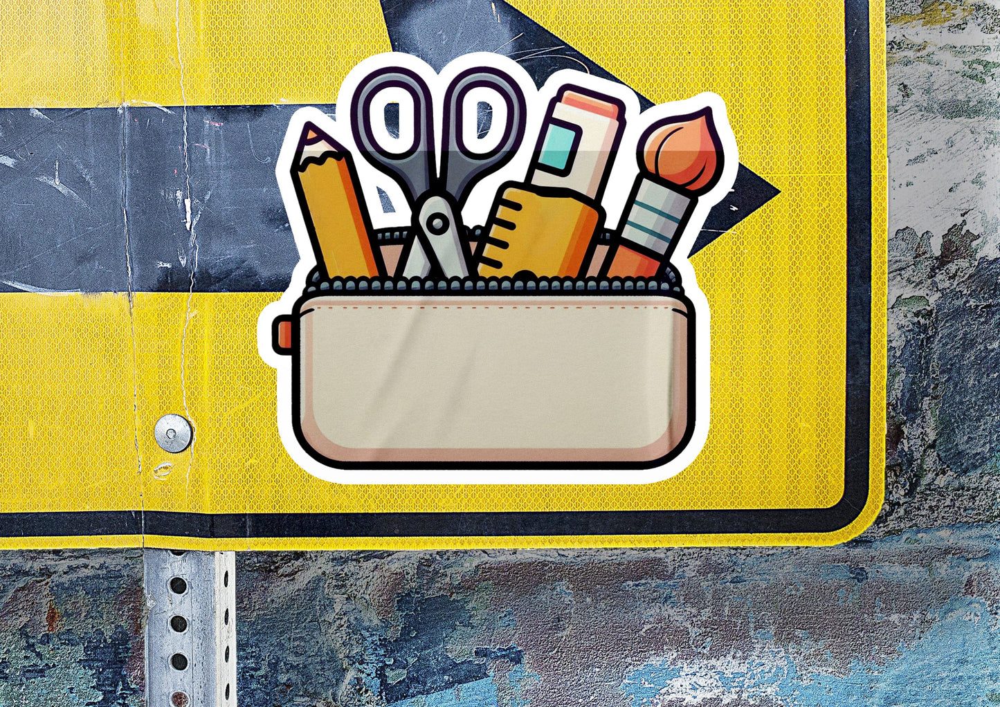 a sticker of scissors in a pocket on a street sign